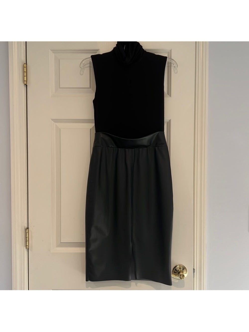 Bailey 44- Sleeveless Black Faux Leather Pencil Dress with Turtleneck